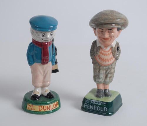 Royal Doulton Advertising Figurine Pair of a Dunlop Caddie & Penfold Golfer 2001. A pair of limited edition figures of 2000 produced, numbered 153 and 164. 5.5” tall. Attractive items in good condition