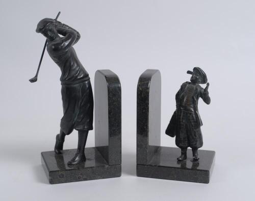 Golf and Caddie bookends. A fine pair of Art Deco spelter golf bookends on marble bases. The two bookends comprise of a male golfer in full follow through position and a young caddie carrying a golf bag with clubs. The golf figure measures 9.25” tall, the