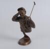 Mark Hopkins, American. ‘I can’t look’ bronze sculpture, depicting a half portraiture of a golfer wearing a sun visor and collared shirt, holding a golf club up in one hand while his other hand shields his eyes, the whole rising on a circular plinth, sign