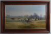 Golf paintings. Two modern paintings, a canvas of a group of golfers at the tee for the 18th hole, one teeing off, good wooded background. Signed ‘Stephen Park 94’. Framed and glazed. Overall 29”x23”. Sold with a further canvas of a golf scene with golfer - 2