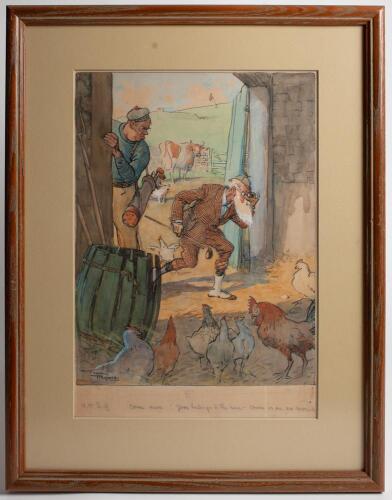 ‘H.McDuff. Come Away! You belong to the hens- Ours is no so round’. Frank Reynolds November 25th 1936. Excellent original humourous watercolour artwork depicting a bearded Scottish golfer wearing glasses who has lost his ball looking into a barn at an egg