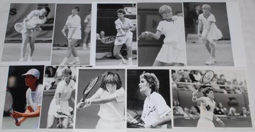 International tennis players 19070s-1990s. Twenty nine original press photographs of players in match action, mainly mono with the odd colour. Players include Tony Roche, Buster Mottram, Bob Carmichael, Guy Forget, John Lloyd, Tom Gullikson, Adriana Panat