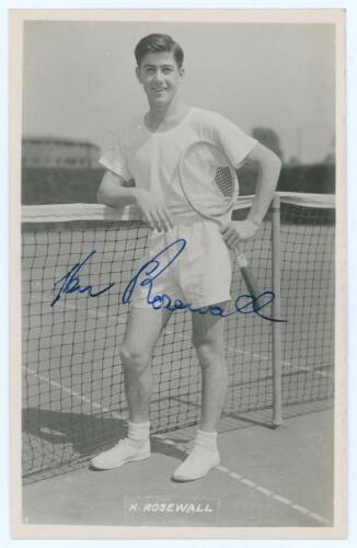 Ken Rosewall. Australian tennis. Mono real photograph plain back postcard of a youthful Rosewall standing full length at the net, probably mid-1950s. Nicely signed in blue ink to the image by Rosewall. Publisher unknown. Very good condition.