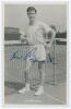 Ken Rosewall. Australian tennis. Mono real photograph plain back postcard of a youthful Rosewall standing full length at the net, probably mid-1950s. Nicely signed in blue ink to the image by Rosewall. Publisher unknown. Very good condition.