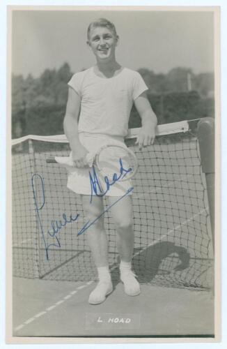 Lew Hoad. Australian tennis. Mono real photograph plain back postcard of a youthful Hoad standing full length at the net, probably mid-1950s. Nicely signed in blue ink to the image by Hoad. Publisher unknown. Very good condition.