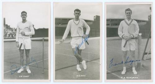 Australian tennis. Frank Sedgman, Don Candy and Mervyn Rose. Three mono real photograph plain back postcards, each depicting the player standing at the net, probably mid-1950s. Each postcard nicely signed in blue ink to the image by the featured player. P