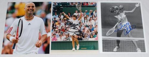 Signed tennis photographs. Two original colour and one mono press photographs, each signed by the featured player. Signatures are Andre Agassi, Tracey Austin, and Jennifer Capriati. Sold with signatures of Bjorn Borg on printed &lsquo;Wimbledon Champion 1976-19
