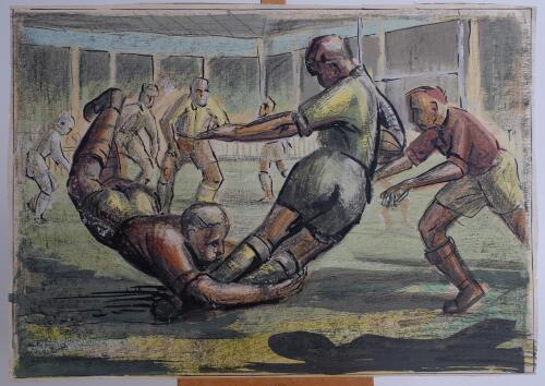 Hector McDonald Sutton (1903-1992). ‘The Tackle’. Original artwork of a match in progress and a players making a knee high tackle on a player. An impressively drawn mixed media image. Unsigned. 17.5”x12”. Good condition