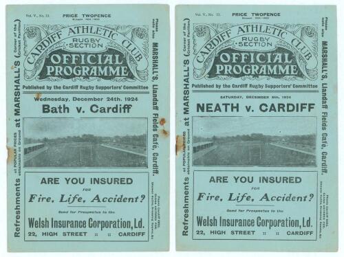 Cardiff R.F.C. Season 1924/25. Three official home programmes v Neath (6th December 1924), v Bath (24th December 1924) and v Bedford (26th December 1924). Some rusting to staples otherwise in good condition