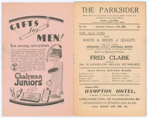 Rugby League. Hunslet R.F.C. ‘The Parksider. Official Guide and Programme of the Hunslet Rugby Football Club’. Early official programme for the Northern Rugby League match, Hunslet v York, played at Parkside, Hunslet, 13th February 1932. Light vertical fo