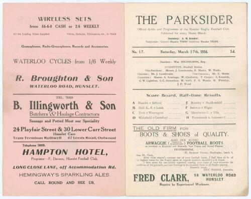 Rugby League. Hunslet R.F.C. ‘The Parksider. Official Guide and Programme of the Hunslet Rugby Football Club’. Early official programme for the Northern Rugby League match, Hunslet v Salford, played at Parkside, Hunslet, 17th March 1934. Light vertical fo