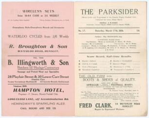 Rugby League. Hunslet R.F.C. ‘The Parksider. Official Guide and Programme of the Hunslet Rugby Football Club’. Early official programme for the Northern Rugby League match, Hunslet v Salford, played at Parkside, Hunslet, 17th March 1934. Light vertical fo