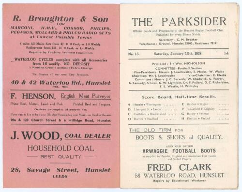 Rugby League. Hunslet R.F.C. ‘The Parksider. Official Guide and Programme of the Hunslet Rugby Football Club’. Early official programme for the Northern Rugby League match, Hunslet v Warrington, played at Parkside, Hunslet, 15th January 1938. Light vertic