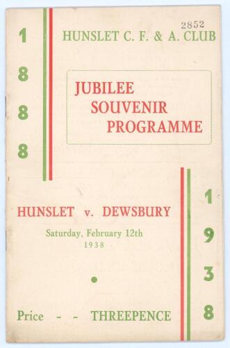 Rugby League. Hunslet C.F. & A. Club. ‘Jubilee Souvenir Programme 1888- 1938’. Early official programme for the Northern Rugby League match, Hunslet v Dewsbury, played at Parkside, Hunslet, 12th February 1938. Includes history of the club and illustration