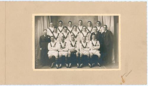 Rugby League. Castleford R.L.F.C. 1935. Original official mono photograph of the Castleford team and officials in a studio setting, depicted seated and standing in rows, the players wearing rugby attire. The photograph by Scriven of Castleford measures 8”