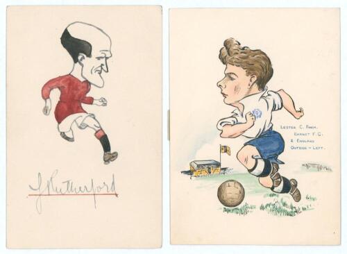 ‘Football caricatures 1920’s. Selection of eleven hand painted watercolour caricatures of famous footballers from the period. Each painted on a white card 4.5”x6”, some appear to have been signed by the player featured. Signed cards include Hugh Ferguson 