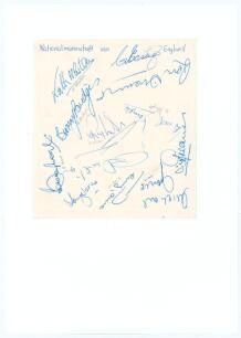 England 1965. Page with handwritten title ‘Nationalmannschaft von England [England National Team]’ comprising twelve signatures in blue ink for the West Germany v England friendly played at Nuremberg, 12th May 1965. Signatures, some with player’s name an