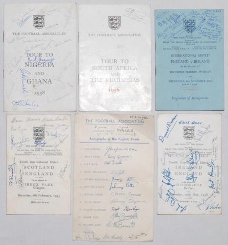 England Youth Internationals 1950s/1960s. A selection of signed ephemera comprising an autograph card and players’ itineraries. Includes an official Football Association ‘Autographs of the English Team’ card signed by the eleven members of the England You