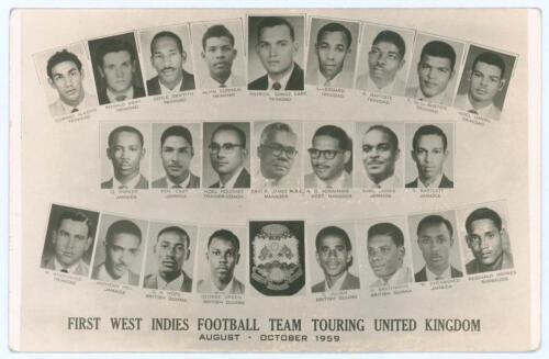 &lsquo;First West Indies Football Team Touring United Kingdom, August- October 1959&rsquo;. Mono real photograph postcard featuring cameo portraits of the twenty four members of the touring party with printed title to lower border. Signed in blue to the verso by sixt