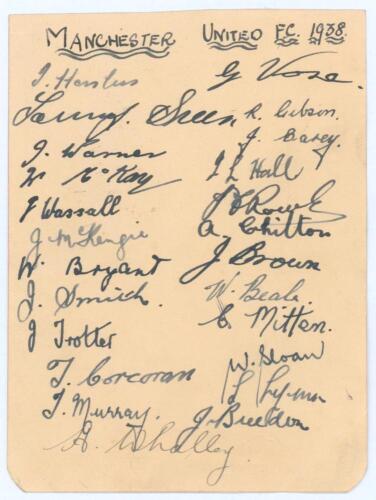 &lsquo;Manchester United 1938&rsquo;. Rare album page very nicely signed in ink by twenty four Manchester United players. Signatures include Hanlon, Warner, McKay, Wassall, Bryant, Smith, Corcoran, Murray, Whalley, Vose, Carey, Rowley, Brown, Breedon etc. Adhesive ma