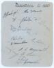 Blackpool F.C. 1938/39. Album page signed in ink by thirteen players. Signatures include Alec Roxburgh, Alex Munro, Harry Johnston, Bobby Finan, Willie Buchan, Eric Sibley, Eric Hayward, Sammy Jones, George Farrow etc. Two signatures including one of Bob 