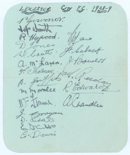 ‘Leicester City F.C. 1938-9’. Album page very nicely signed in ink by twenty players. Signatures include Percy Grosvenor, Roger Heywood, David Jones, Sandy McLaren, Mal Griffiths, Matt Moralee, Billy Frame, Johnny Grogan, Danny Liddle, George Dewis, Joe C