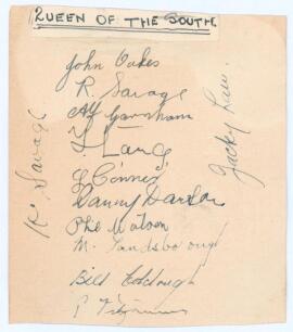 Queen of the South F.C. 1938/39. Album page very nicely signed in ink by twelve players. Signatures include John Oakes, Willlie Savage, Tommy Lang, Jack Connor, Phil Watson, Jackie Law etc. The page unevenly trimmed, light adhesive marks to verso, otherwi