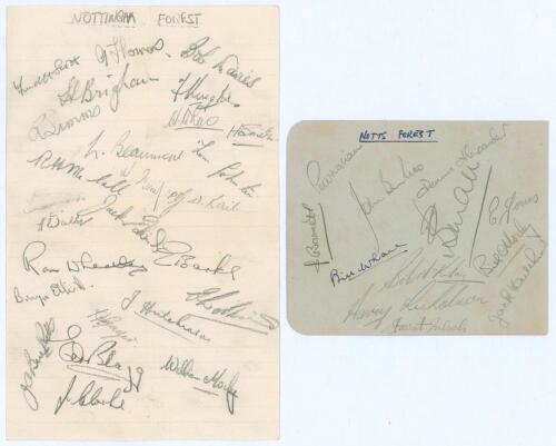 Nottingham Forest F.C. 1948 and 1958. Ruled page signed in pencil by twenty five players including Bob Davies, Bob McCall, Ted Blagg, Jack Hutchinson, Jim Clarke, Brynn Elliott, Horace Gager, Gordon Kaile, Bill Morley etc. Also an album page signed in pen