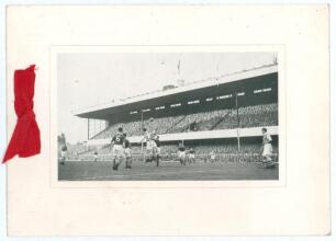 Don Bennett. Middlesex County Cricket Club 1950-1968 and Arsenal Football Club 1950-1959. Official Arsenal Football Club Christmas card, with Highbury match scene to front cover and red ribbon tie, for 1953, sent by Bennett to Lord’s. Slight fading to sig