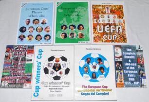 European football statistical books and histories. Seven softback titles compiled and published by Romeo Ionescu, five of which published in Romania. ‘The European Cup 1955-2003’, ‘Cup Winners’ Cup 1960-1999’, ‘UEFA Cup 1971-2003’, ‘European Cups’ Players