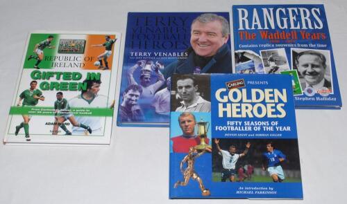 Signed football books. Three modern titles, each multi-signed to pages by featured players. ‘Terry Venables’ Football Heroes’, Terry Venables, London 2001. Signed by Dave Mackay, Tom Finney, John Charles, Gordon Banks. ‘Golden Heroes’, Dennis Signy & Norm