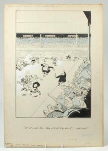 ‘Fat lot o’notice they’re taking of the Ref today. Who is it.... Arthur Deakin? ‘. Excellent and original pen and ink drawing artwork, heightened with colour, by artist Joseph Lee, depicting a football match in progress with a full stadium watching on. Th