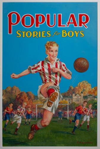 ‘Popular Stories for Boys 1955’. Claude P. Shilton. Very attractive and highly colourful gouache artwork for the front cover of the Annual for 1955. The artwork features a central boy footballer kicking the ball with his team mates and opposition running 