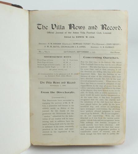 Aston Villa F.C. ‘The Villa News and Record’ Season 1906-1907. Edited by Edwin W. Cox. No 1. Volume 1. A bound volume of Aston Villa home match programmes for the 1906-07 season in red/brown half leather with titles in gilt to spine, all programmes lackin