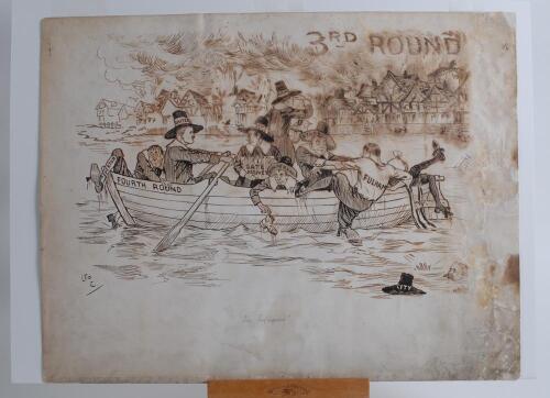 ‘The Refugees’. Early original pen and ink drawing of a rowing boat with men being pulled out and rescued onboard out of the water. The men wearing what appears to be ‘Pilgrims’ clothing and each with a football team name to his hat, back, leg etc. Teams 