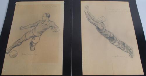 ‘Footballer and goalkeeper’. Two well executed pencil drawings, one of a player with the ball and the other of a goalkeeper making a save. Both signed by the unknown overseas artist ‘L. Ferteurai and dated ‘24’. (1924). Titles to top right hand corners of