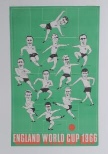 ‘England World Cup 1966’. Brian Cooper 1966. Original poster in green with pitch marked out and players named and portrayed in various poses. Title to lower border ‘England World Cup 1966’. To edge ‘Brian Cooper/Broadsheet King. 15 Mortimer Terrace, Londo