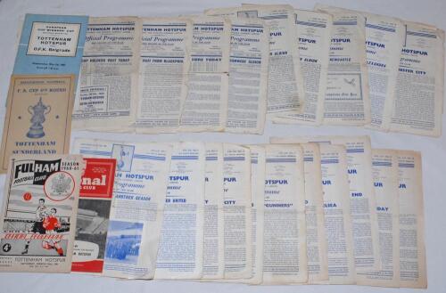 Tottenham Hotspur 1954/55 onwards. Over forty official match programmes, the majority for home league matches, also F.A. Cup, European, friendlies and reserves matches. Programmes for home (unless stated) League matches are for seasons 1954/55 (Qty 1), 19