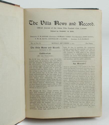 Aston Villa F.C. &lsquo;The Villa News and Record&rsquo; Season 1907-1908. Edited by Harry H. Doe. No 46. Volume II. A bound volume of Aston Villa home match programmes for the 1907-08 season in red/black quarter leather with titles in gilt to spine, all programmes l
