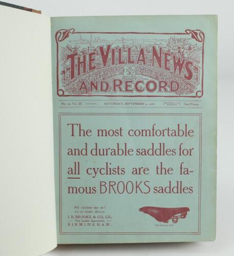 Aston Villa F.C. ‘The Villa News and Record’ Season 1908-1909. Edited by Harry H. Doe. No 90. Volume III. A bound volume of Aston Villa home match programmes for the 1908-09 season in red/black quarter leather with titles in gilt to spine, all programmes 