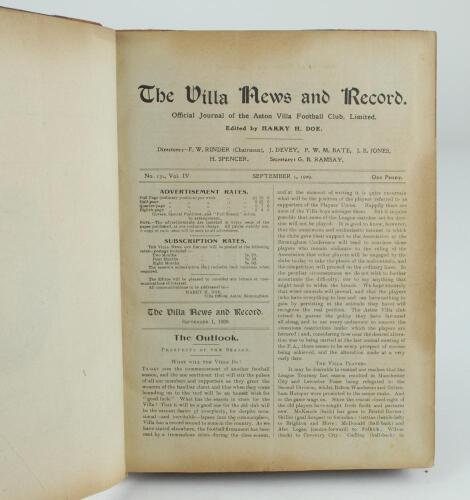 Aston Villa F.C. ‘The Villa News and Record’ Season 1909-1910. Edited by Harry H. Doe. No 131. Volume IV. A bound volume of Aston Villa home match programmes for the 1909-10 season in red/mauve half leather with titles in gilt to spine, all programmes lac