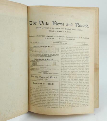 Aston Villa F.C. ‘The Villa News and Record’ Season 1910-1911. Edited by Harry H. Doe. No 170. Volume V. A bound volume of Aston Villa home match programmes for the 1910-11 season in red/mauve half leather with titles in gilt to spine, all programmes lack