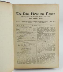 Aston Villa F.C. ‘The Villa News and Record’ Season 1911-1912. Edited by Harry H. Doe. No 210. Volume VI. A bound volume of Aston Villa home match programmes for the 1911-12 season in red/mauve half leather with titles in gilt to spine, all programmes lac