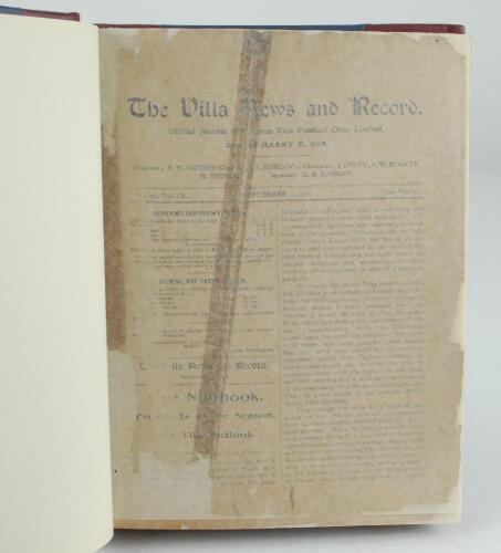 Aston Villa F.C. ‘The Villa News and Record’ Season 1914-1915. Edited by Harry H. Doe. No 331. Volume IX. A fairly recently bound volume of Aston Villa home match programmes for the 1914-15 season in claret/blue half leather with titles in gilt to spine, 