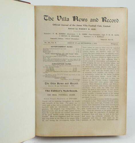 Aston Villa F.C. ‘The Villa News and Record’ Season 1919-1920. Edited by Harry H. Doe. No 366. Volume X. A bound volume of Aston Villa home match programmes for the 1919-20 season in red/mauve (claret/blue) half leather with titles in gilt to spine, all p