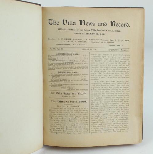 Aston Villa F.C. ‘The Villa News and Record’ Season 1920-1921. Edited by Harry H. Doe. No 407. Volume XI. A bound volume of Aston Villa home match programmes for the 1920-21 season in red/mauve (claret/blue) half leather with titles in gilt to spine, all 