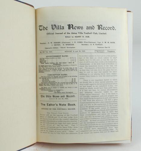 Aston Villa F.C. ‘The Villa News and Record’ Season 1922-1923. Edited by Harry H. Doe. No 494. Volume XIII. A bound volume of Aston Villa home match programmes for the 1922-23 season in red/mauve (claret/blue) half leather with titles in gilt to spine, al