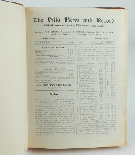 Aston Villa F.C. ‘The Villa News and Record’ Season 1923-1924. No 537. Volume XIV. A bound volume of Aston Villa home match programmes for the 1923-24 season in red/mauve (claret/blue) half leather with titles in gilt to spine, all programmes lacking orig