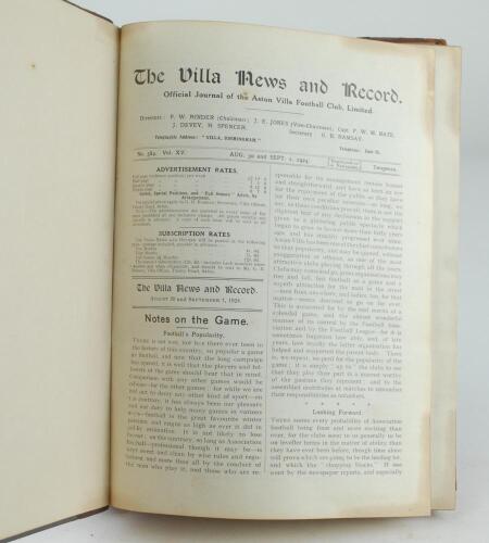 Aston Villa F.C. ‘The Villa News and Record’ Season 1924-1925. No 584. Volume XV. A bound volume of Aston Villa home match programmes for the 1924-25 season in red/mauve (claret/blue) half leather with titles in gilt to spine, all programmes lacking origi