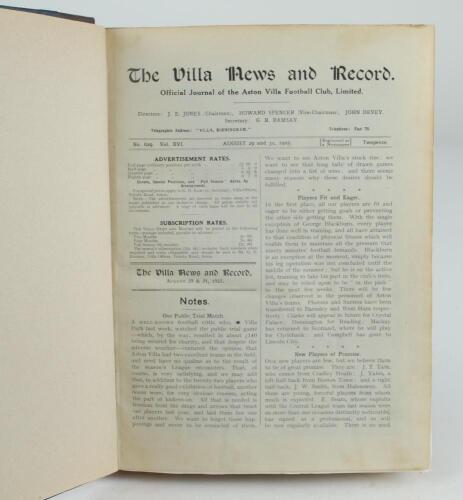 Aston Villa F.C. &lsquo;The Villa News and Record&rsquo; Season 1925-1926. No 629. Volume XVI. A fairly recently bound volume of Aston Villa home match programmes for the 1925-26 season in red/mauve (claret/blue) half leather with titles in gilt to spine, all program